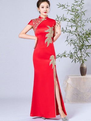 Red Beaded Split Front Long Qipao / Cheongsam Dress