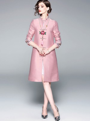 Pink Embroidered Women Qipao Tang Coat