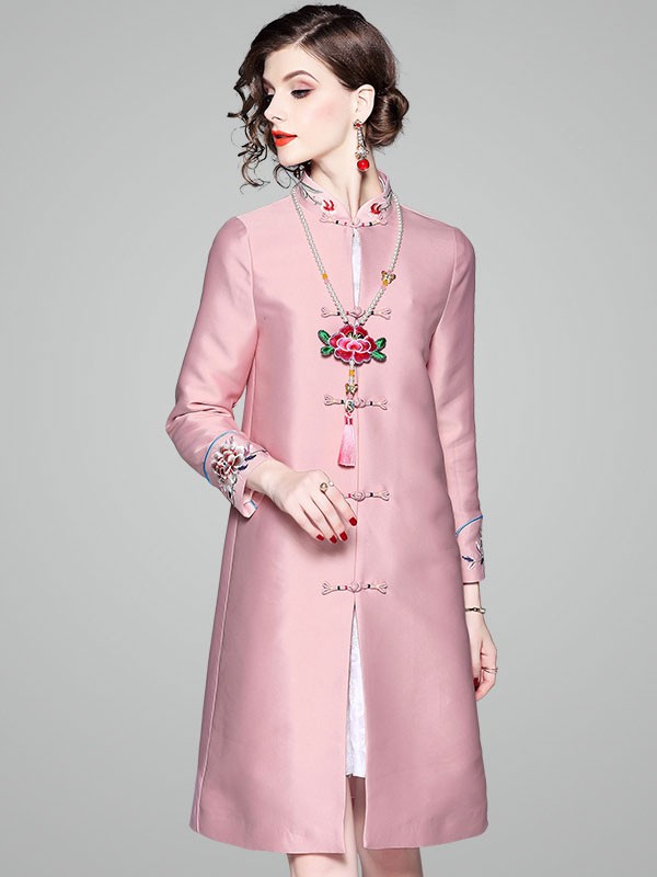 Pink Embroidered Women Qipao Tang Coat