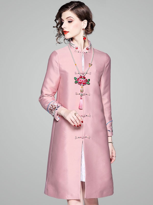 Pink Embroidered Women Qipao Tang Coat Pink Embroidered Women Qipao Tang Coat