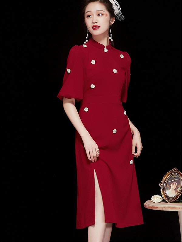 Red Beaded Puff Sleeve Modern Qipao / Cheongsam Dress