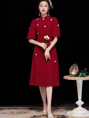 Red Beaded Puff Sleeve Modern Qipao / Cheongsam Dress