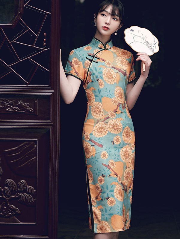 Daisy Floral Summer Mid Qipao / Cheongsam Dress