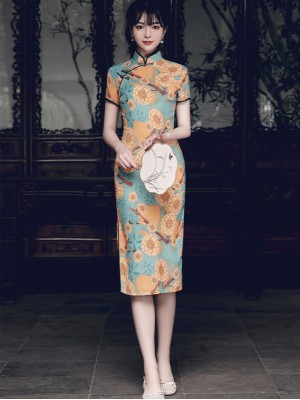 Daisy Floral Summer Mid Qipao / Cheongsam Dress