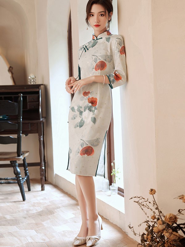 Bronzing Rose Print Mid Qipao / Cheongsam Dress
