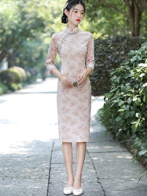 Pink Floral Velvet Mid Qipao / Cheongsam Dress