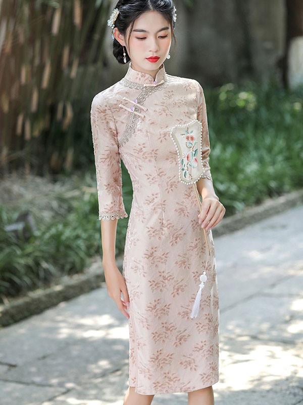 Pink Floral Velvet Mid Qipao / Cheongsam Dress