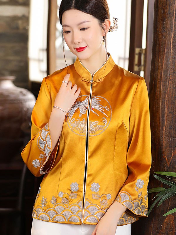 Yellow Blue Embroidered Women Qipao Tang Jacket