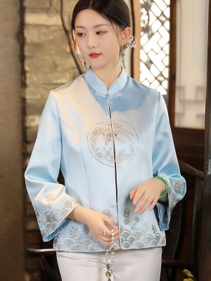 Yellow Blue Embroidered Women Qipao Tang Jacket