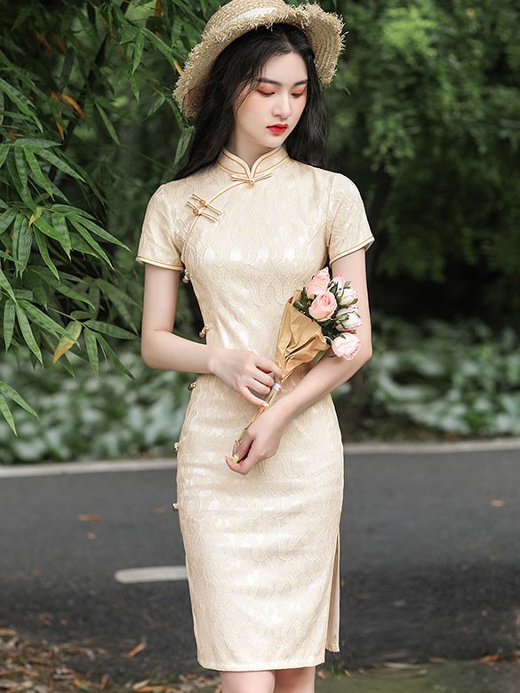 Beige Red Lace Qipao / Cheongsam Party Dress