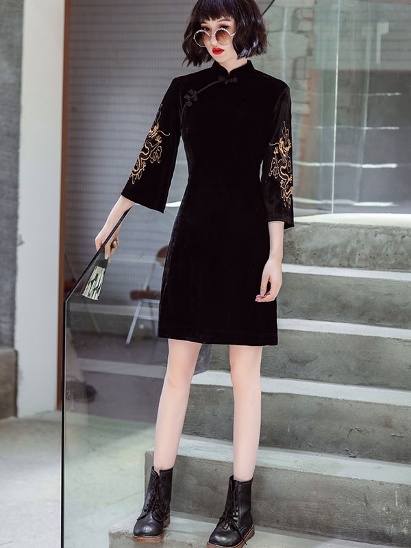 Black Embroidered Dragon Velvet Qipao / Cheongsam Dress