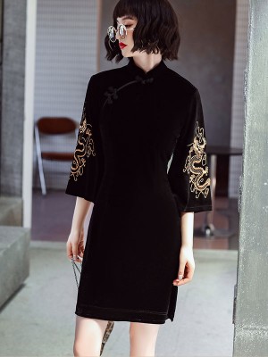 Black Embroidered Dragon Velvet Qipao / Cheongsam Dress