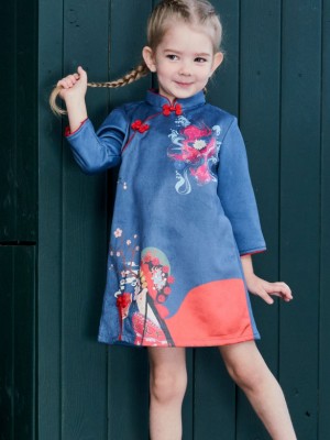 Blue Printed Kids Girl's Winter Cheongsam / Qipao Dress