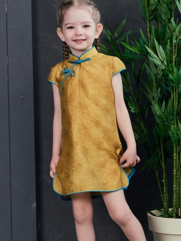 Blue Yellow Jacquard Kids Girl's Cheongsam / Qipao Dress