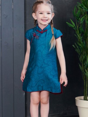 Blue Yellow Jacquard Kids Girl's Cheongsam / Qipao Dress