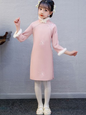 Pink Embroidered Kids Girl's New Year Cheongsam / Qipao Dress