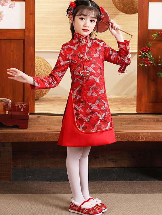 Red Kids Girl's New Year Jacquard Qipao / Cheongsam Dress