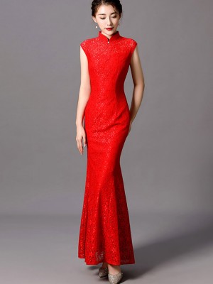 Red Lace Fishtail Wedding Qipao / Cheongsam Dress with Shawl