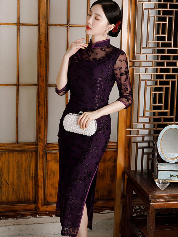 2021 Purple Velvet Maxi Qipao / Cheongsam Dress