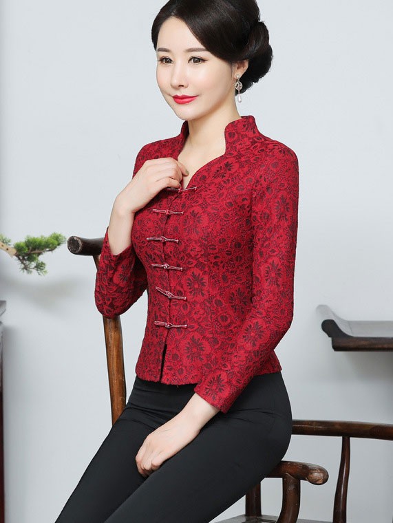 Mother's Red Purple Lace Cheongsam Blouse Top