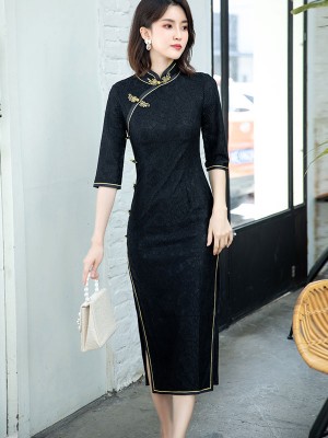 Black Red Lace Tea-Length Qipao / Cheongsam Dress