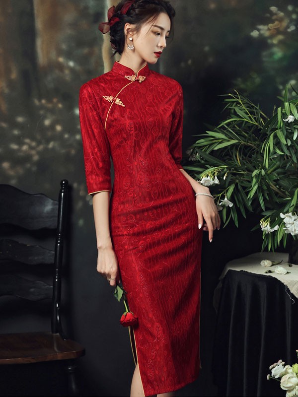 Red Lace Tea-Length Wedding Qipao / Cheongsam Dress