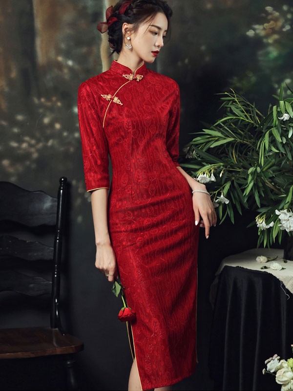 Red tea length wedding sales dress