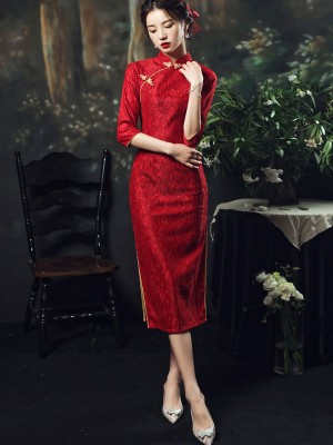 Red Lace Tea-Length Wedding Qipao / Cheongsam Dress