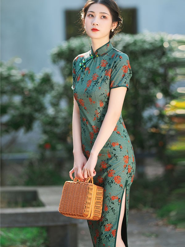 2022 Spring Green Floral Print Qipao / Cheongsam Dress