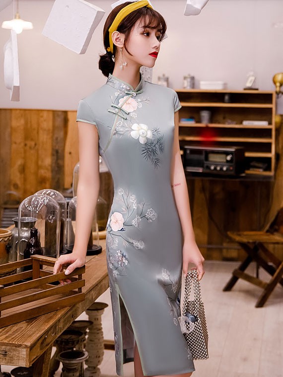 2020 Gray Floral Mid Qipao / Cheongsam Dress