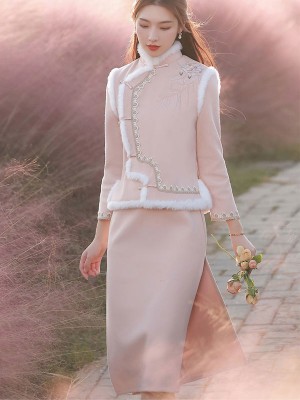 Pink 2 Pieces Embroidered Cheongsam Dress and Waistcoat