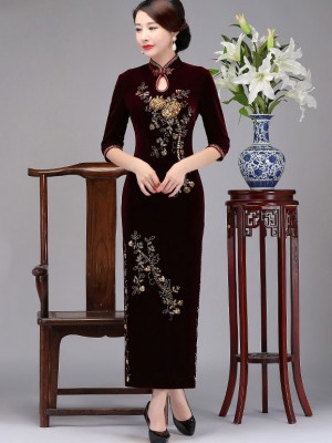 Bridal Mother Beaded Floral Velvet Qipao / Cheongsam Dress