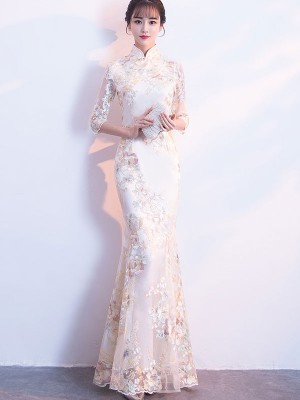 Champagne Embroidered Fishtail Qipao / Cheongsam Prom Dress