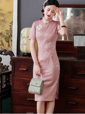 Pink Green Jacquard Qipao / Cheongsam Dress with Embellished Pearls