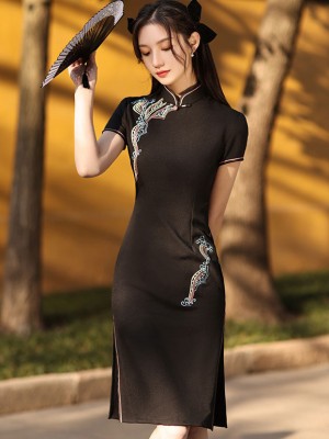 Classic Black Embroidered Mid Qipao / Cheongsam Dress