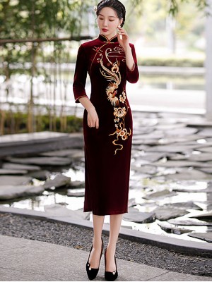 Embroidered Phoenix Mothers Velvet Qipao / Cheongsam Dress