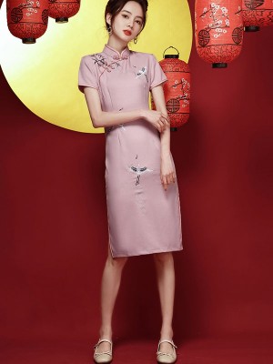 Pink Embroidered Crane Bird Mid Qipao / Cheongsam Dress