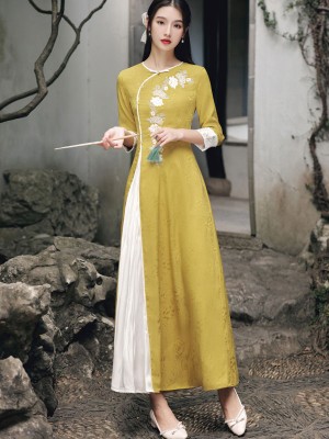 Yellow Green Embroidered A-Line Qipao / Cheongsam Dress
