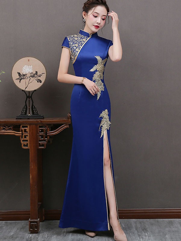 Blue Beaded Split Front Long Qipao / Cheongsam Dress