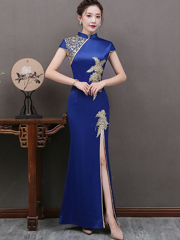 Blue Beaded Split Front Long Qipao / Cheongsam Dress - CozyLadyWear