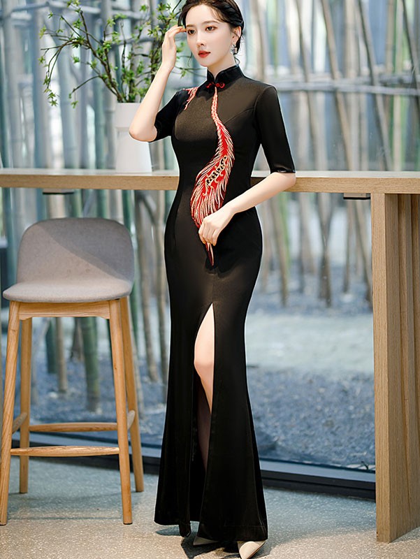 Blue Black Split Front Maxi Qipao / Cheongsam Prom Dress