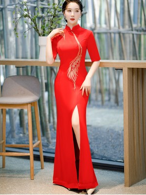 Red Yellow Split Front Maxi Qipao / Cheongsam Prom Dress