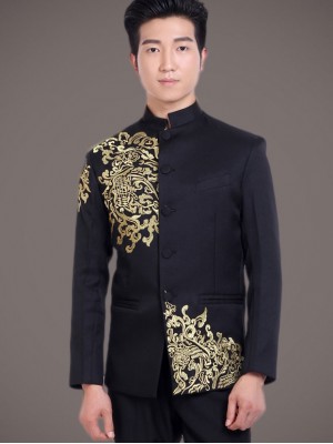 Red Black Embroidered Men's Wedding Tang Jacket