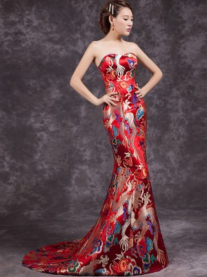 Red Mermaid Train Back Cheongsam Qipao Wedding Dress in Dragon Pattern