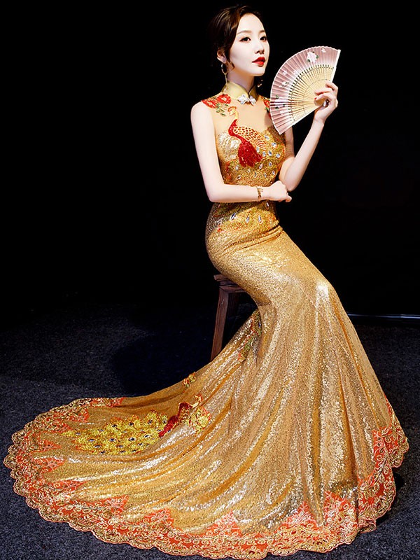 Gold Sequined Phoenix Qipao / Cheongsam Dress with Mermaid Train