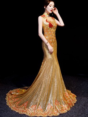 Gold Sequined Phoenix Qipao / Cheongsam Dress with Mermaid Train