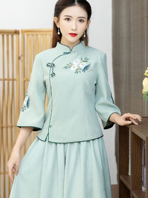 Green White Embroidered Qipao / Cheongsam Blouse Top