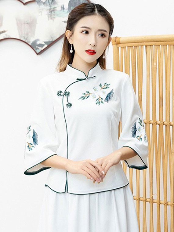 Green White Embroidered Qipao / Cheongsam Blouse Top