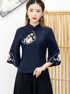 Red Blue Linen Qipao / Cheongsam Blouse Top with Bell Sleeve