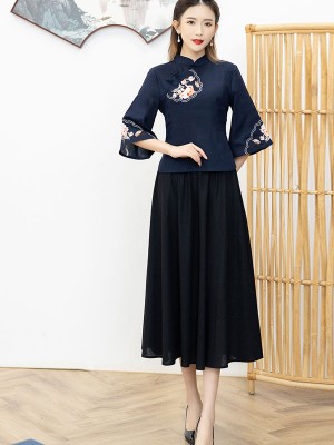 Red Blue Linen Qipao / Cheongsam Blouse Top with Bell Sleeve